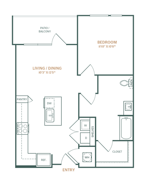 Floor plan for 1 bed, 1 bath, 721 sqft